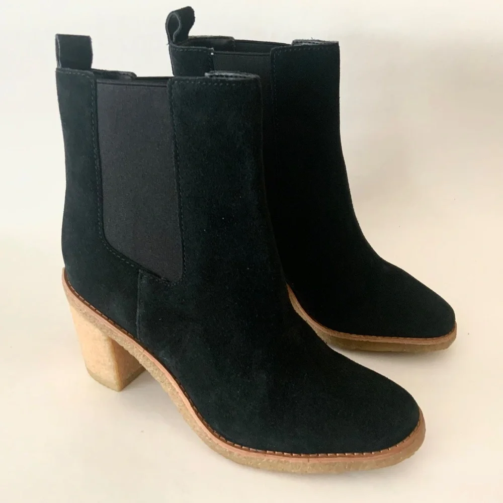 Ralph Lauren Marianna Black Suede Pull-On Chelsea Booties Block Heel Ankle Boots
